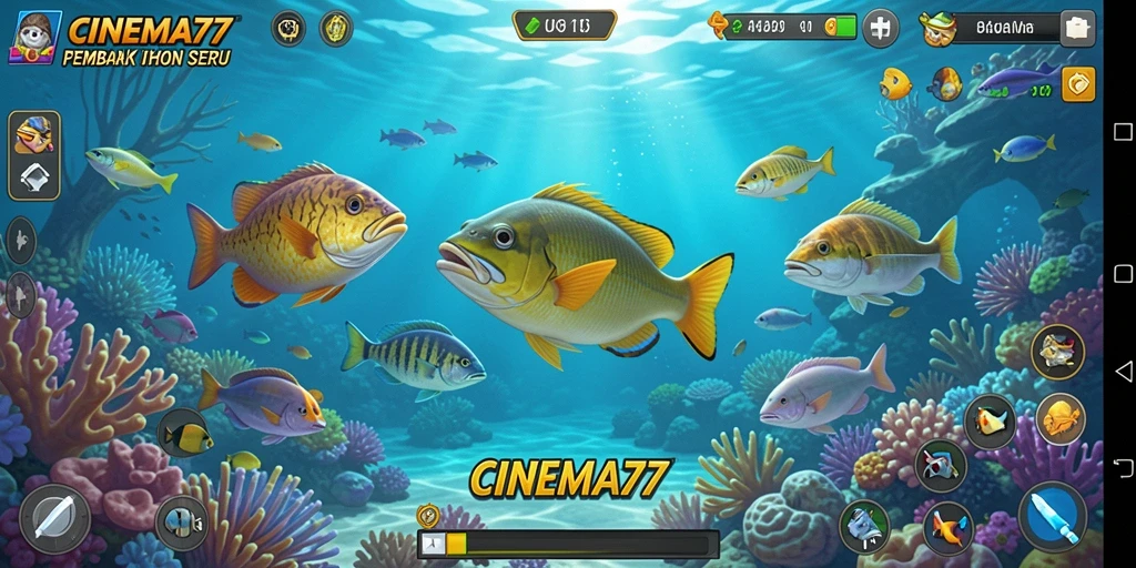 Tampilan gameplay seru di CINEMA77 dengan berbagai ikan yang menunggu untuk ditembak.