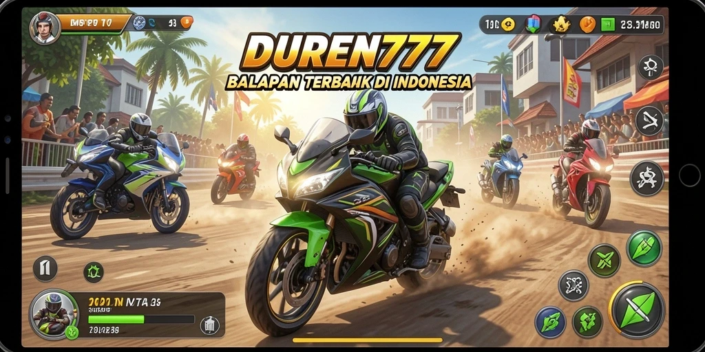 Tampilan gameplay seru di DUREN777 saat balapan motor.