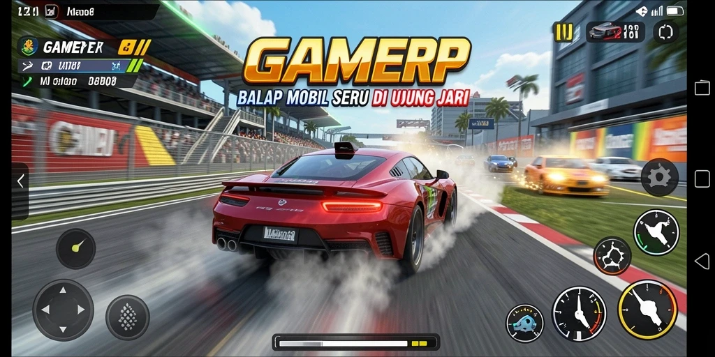 Tampilan gameplay seru balapan mobil dalam GAMERP.