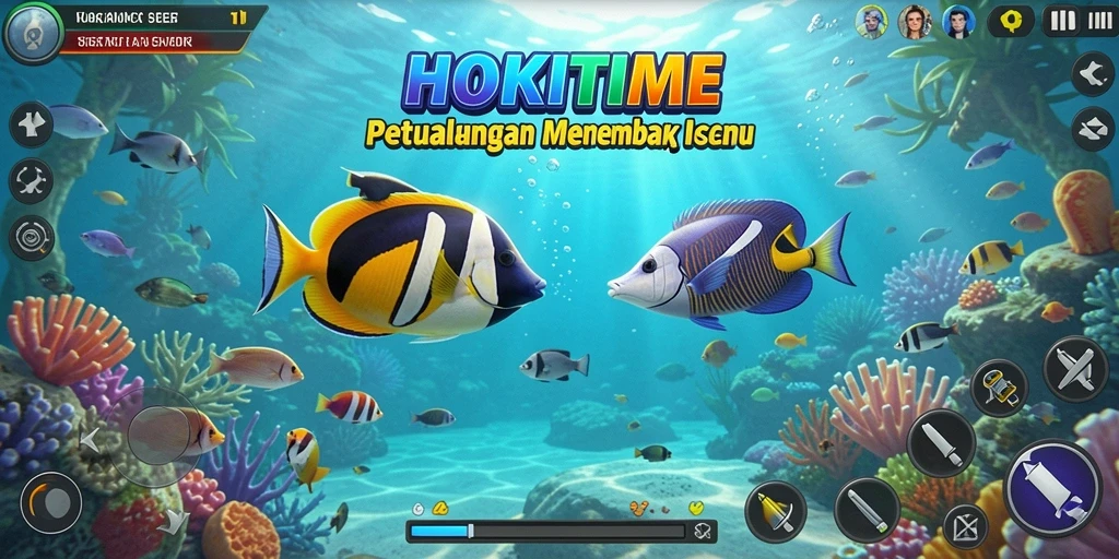 Gameplay HOKITIME yang seru dengan berbagai ikan berwarna.