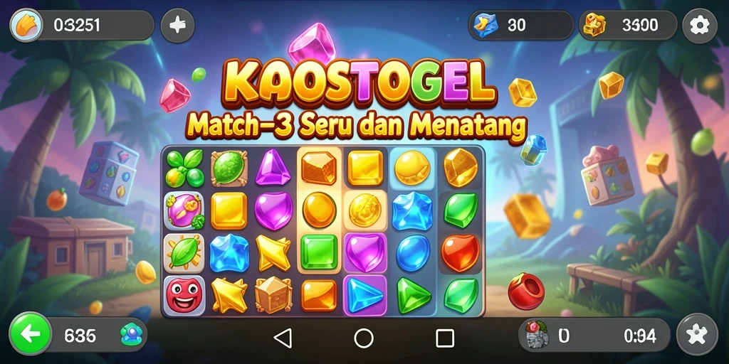 Tampilan gameplay KAOSTOGEL dengan aksi Match-3 yang seru.