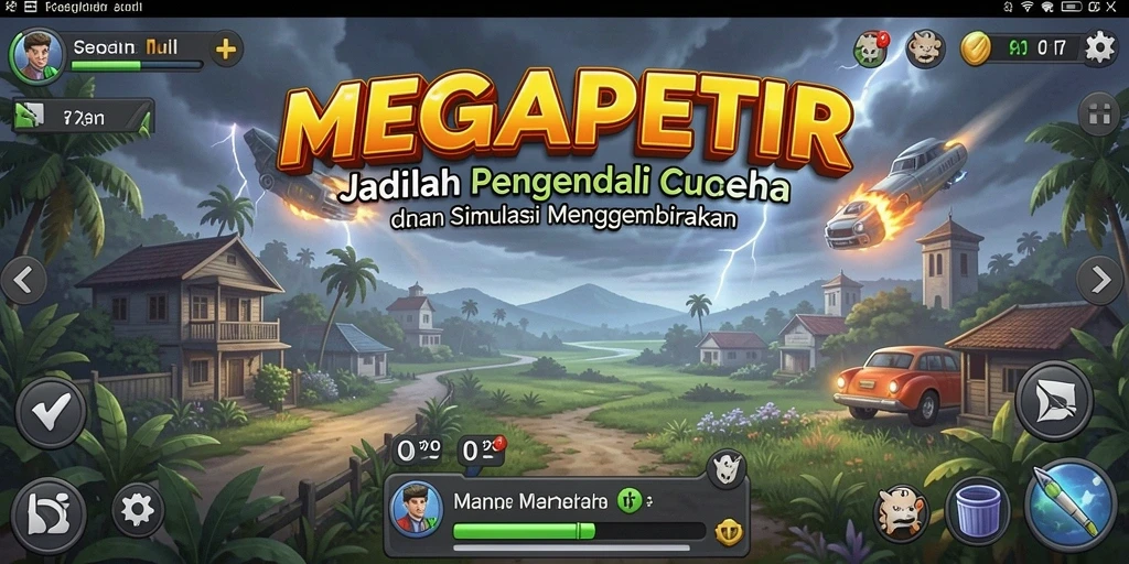Tampilan gameplay <strong>MEGAPETIR</strong> yang menawan dengan elemen cuaca interaktif.