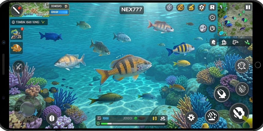 Screenshot utama NEX777 menampilkan gameplay seru dalam tembak ikan.