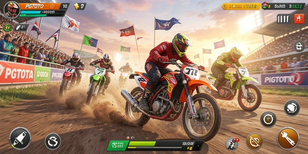 Tampilan gameplay seru di PGTOTO, balapan motor yang mendebarkan.