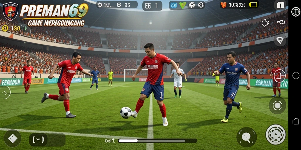 Tangkapan layar PREMAN69 menampilkan aksi seru di lapangan sepak bola.