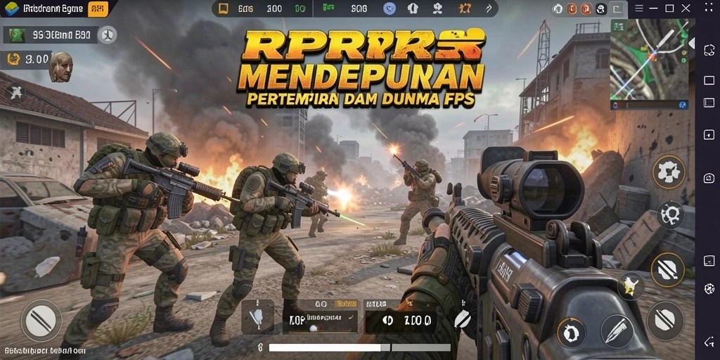 Screenshot utama menunjukkan pertempuran epik dalam gameplay FPS.